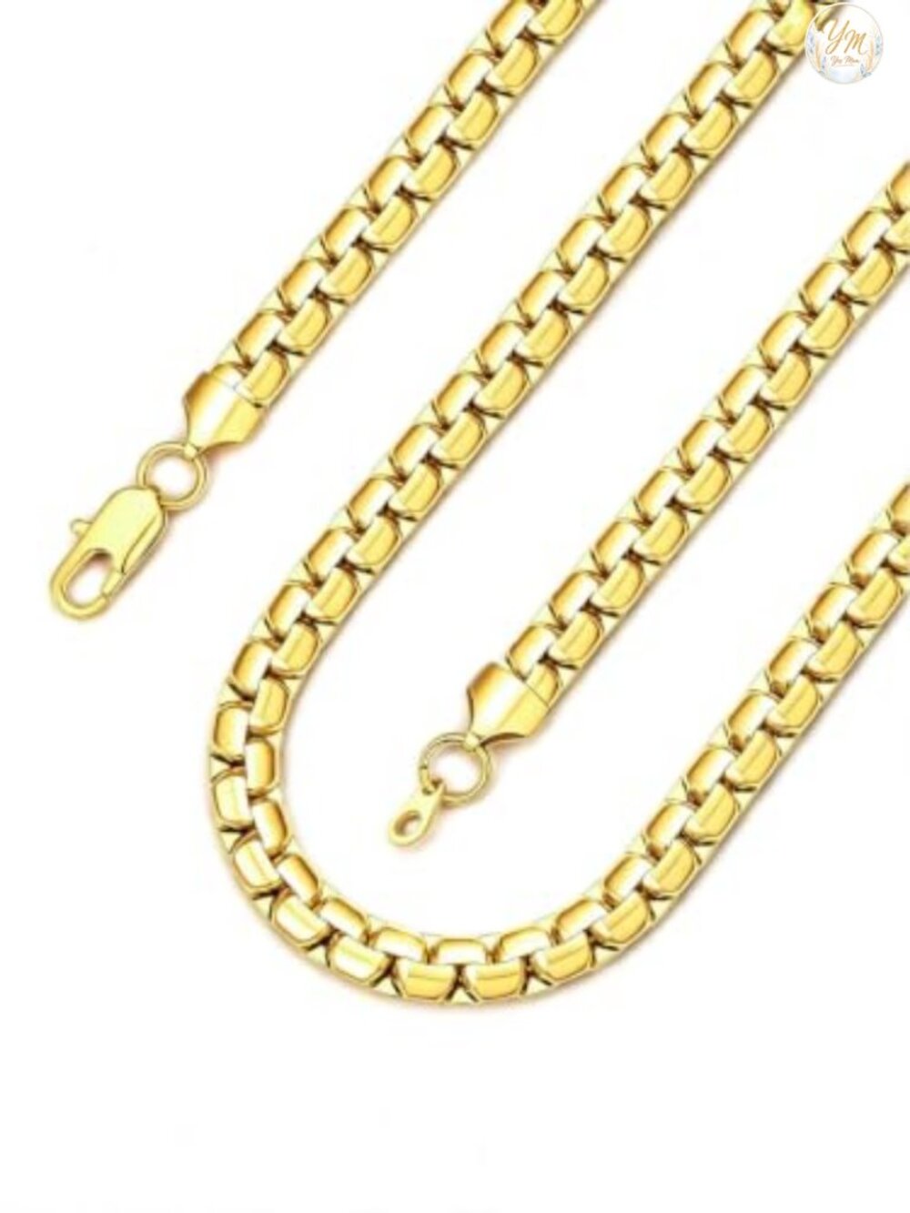 Stainless Steel Flat Box Link Chain Necklace Men Women 14K Gold Plated